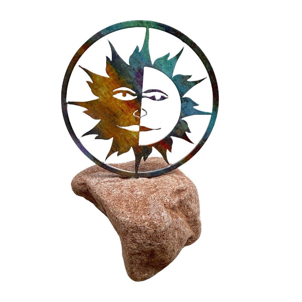 Lazart Sun Moon Celestial Metal Art 4” on Sandstone Base  Unique Deco